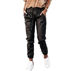 SKYLAR + MADISON Black Faux Leather Joggers Track Pants‎ Ankle Zip Women's S
